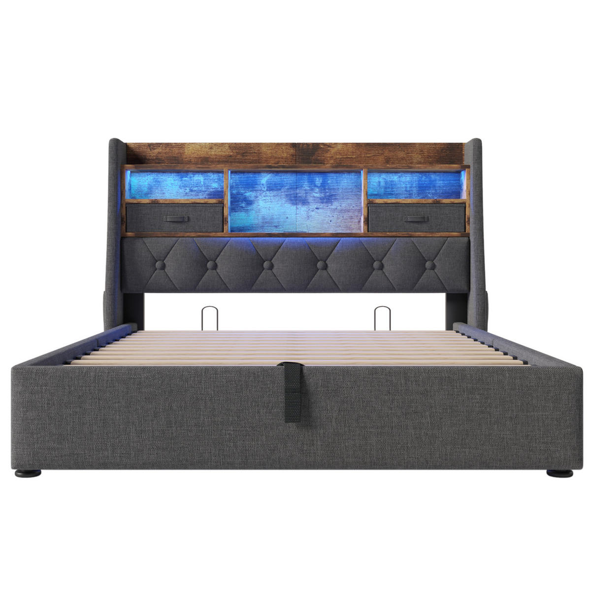 POLSTERBETT aus Leinenstoff 140x200 cm Grau mit Bettkasten, LED-Beleuchtung und USB/Typ-C-Anschlüssen - Grau, Textil (140/200cm) - IVMEU