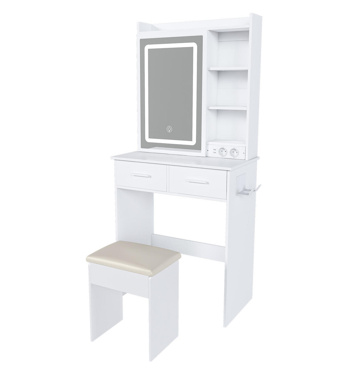 SCHMINKTISCH 36/60/136 cm weiß aus MDF mit LED-Spiegel und Hocker - Weiß, Holzwerkstoff (36/136/60cm) - OKWISH