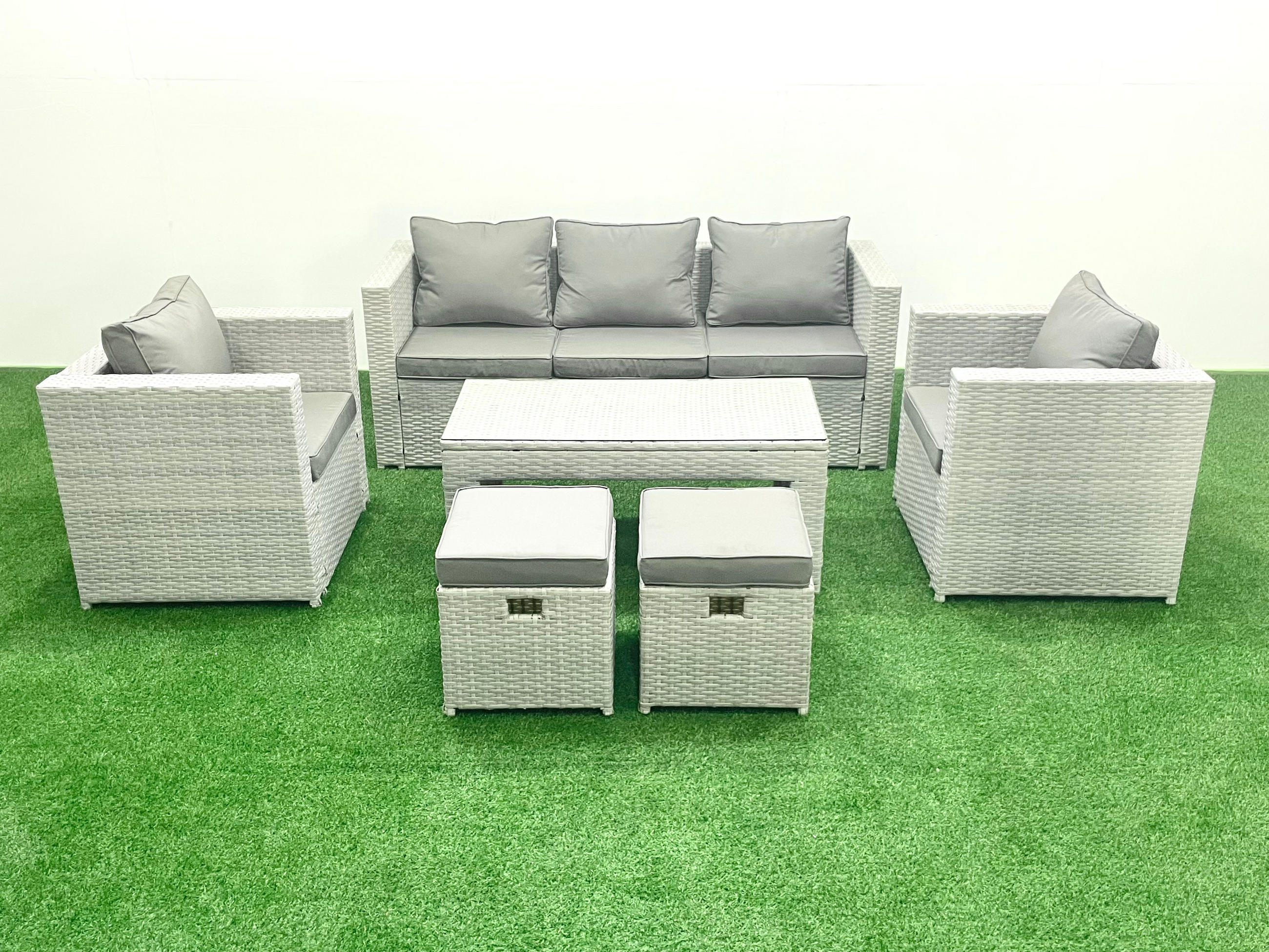 GARTENSET mit 3-SITZER SOFA,COUCHTISCH Polyrattan Hellgrau-Mix 7-Sitzer - Hellgrau/Grau, Glas/Kunststoff - Fimous