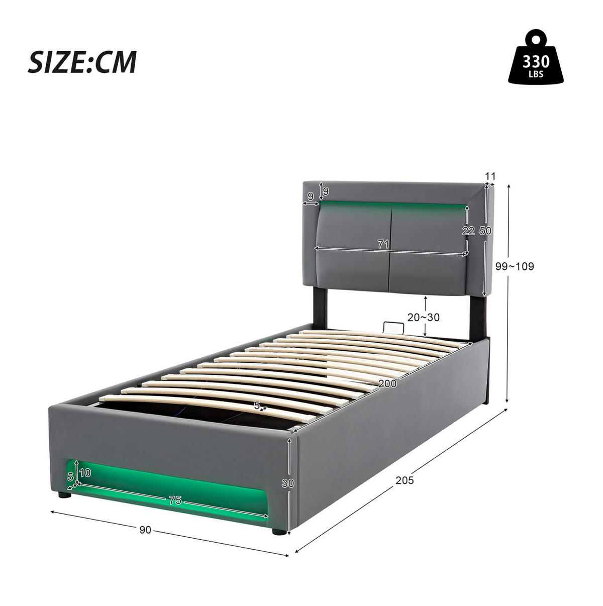 ČALÚNENÁ posteľ, 90/200 cm, PU sivá, s LED osvetlením, USB a úložným priestorom - sivá, plast (90/200cm) - BEAOK