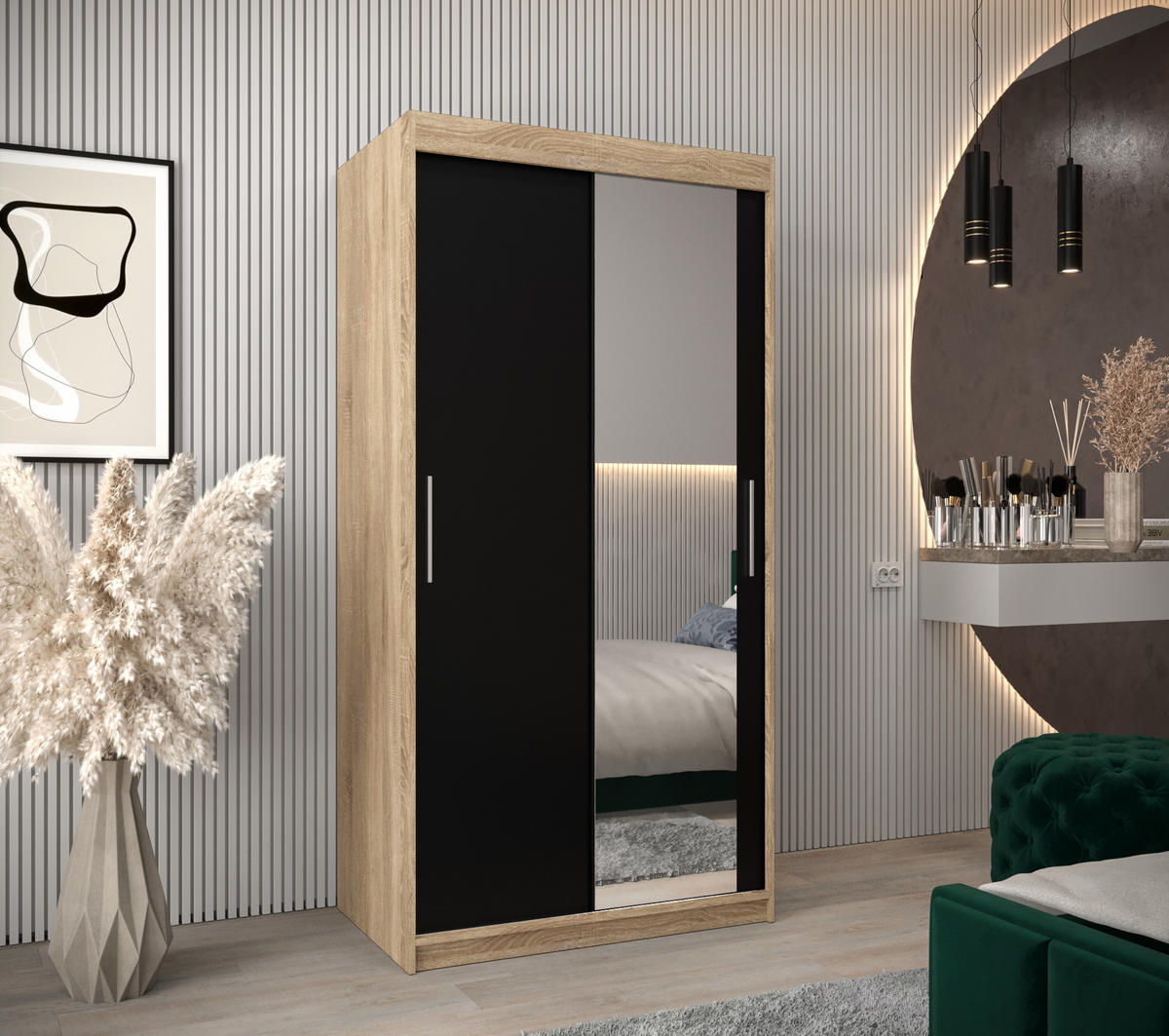 SCHWEBETÜRENSCHRANK 200/100/62 2-türig - Silberfarben/Schwarz, Holz/Kunststoff (100/200/62cm) - Abiks Möbel