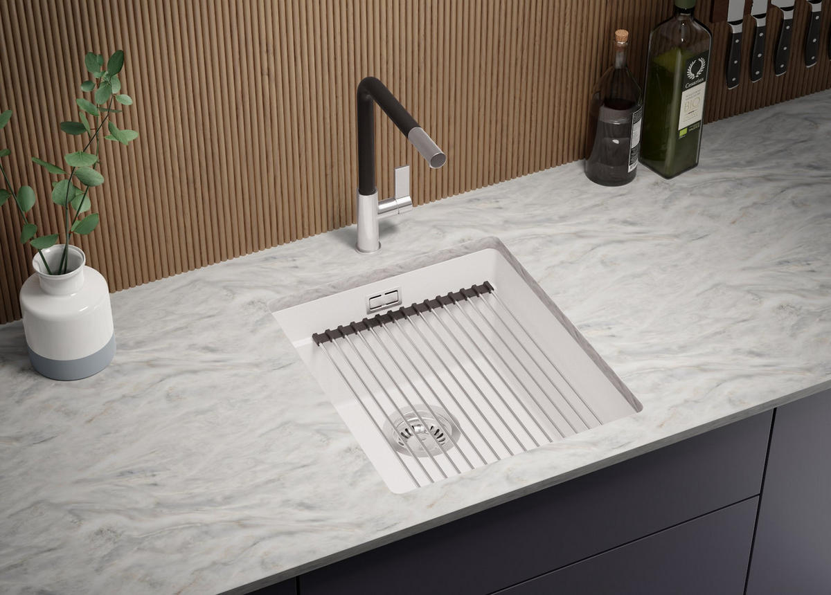 UNTERBAUSPÜLE GRANIT Praga, 2-er set Weiß 41/47 cm 1 Becken + Ablauf-Set + Aufrollbare Abtropffläche ab 45er Unterschrank - Chromfarben/Weiß, Kunststoff (41/20/47cm) - Primagran
