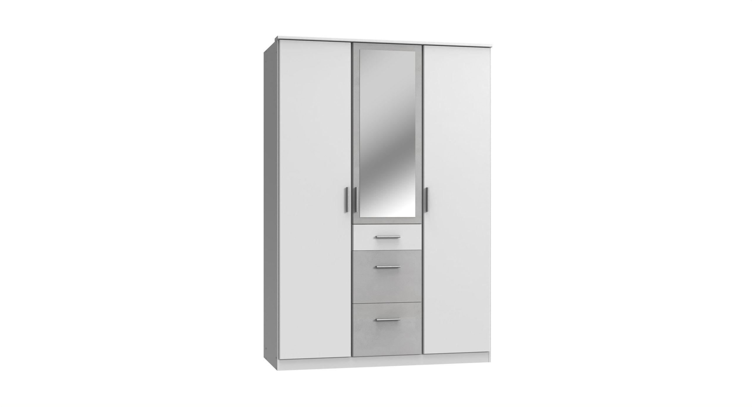 KLEIDERSCHRANK Joker in Weiß mit Beton - Drehtürenschrank 3 türig mit Spiegel - Weiß, Holzwerkstoff (135/199/58cm)
