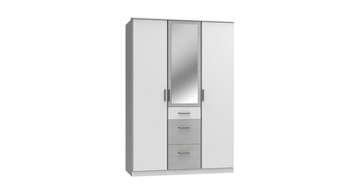 KLEIDERSCHRANK Joker in Weiß mit Beton - Drehtürenschrank 3 türig mit Spiegel - Weiß, Holzwerkstoff (135/199/58cm)