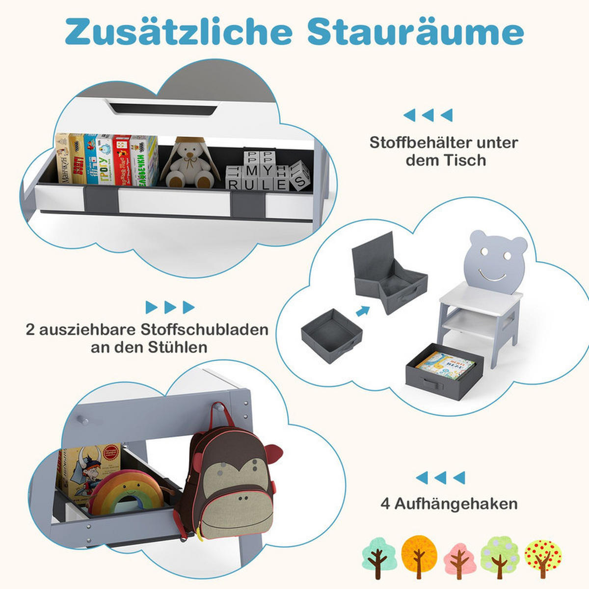 KINDERTISCH mit stuhl grau(3-tlg) - Grau, Holzwerkstoff (70/45/60.5cm) - COSTWAY