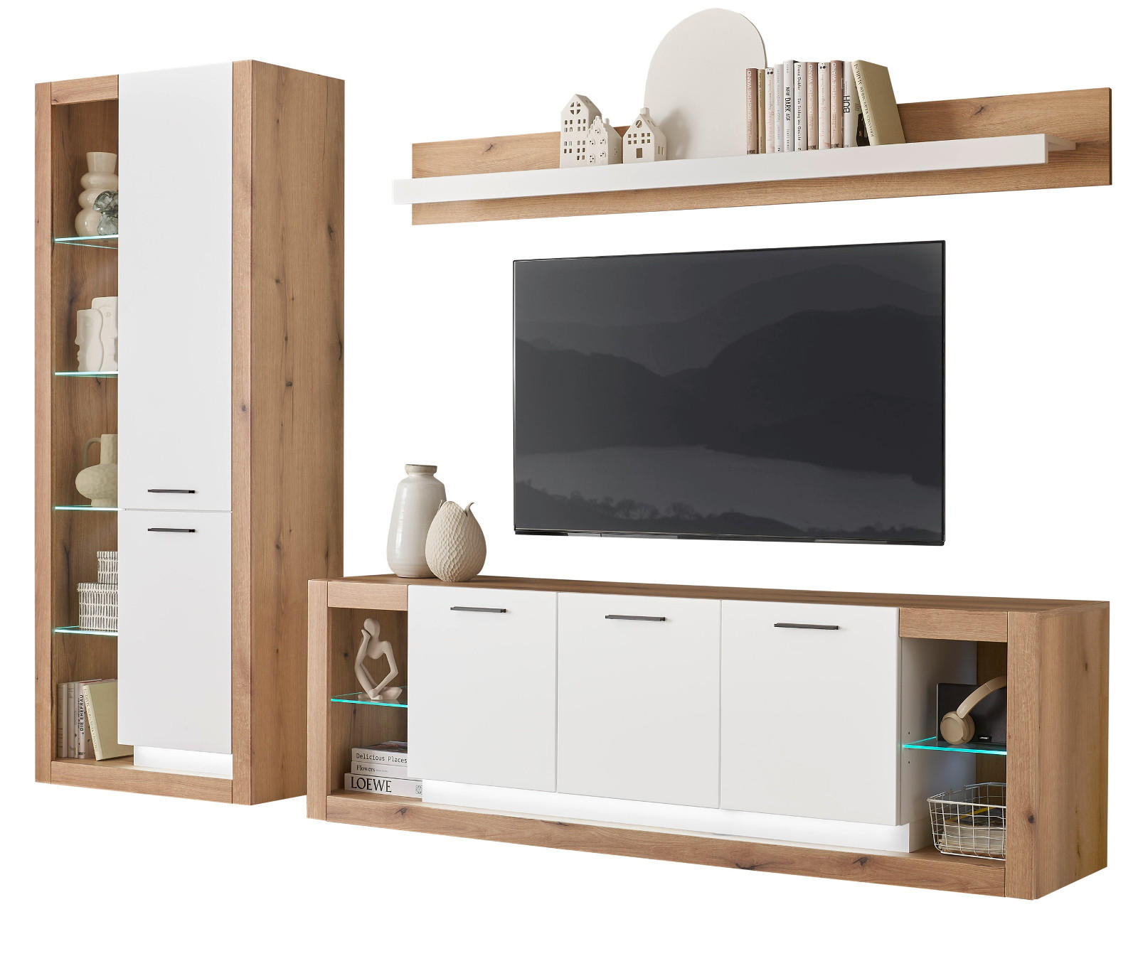 WOHNWAND weiß matt, Evoke Eiche, Wohnkombination Set 3-teilig 298 cm - Eichefarben/Silberfarben, Glas/Holzwerkstoff (298/195/43cm) - Furn.Design