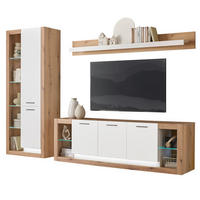 WOHNWAND weiß matt, Evoke Eiche, Wohnkombination Set 3-teilig 298 cm - Eichefarben/Silberfarben, Glas/Holzwerkstoff (298/195/43cm) - Furn.Design