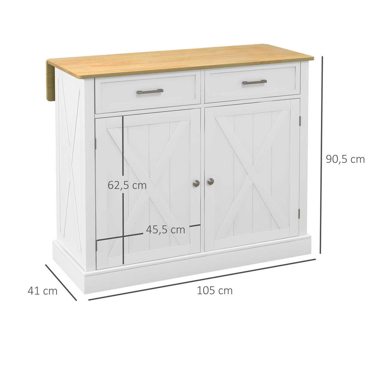 KÜCHENWAGEN, klappbare Arbeitsplatte, 2 Türen, 2 Schubladen, verstellbarer Boden, 4 Rollen, weiß, 105x60x90,5cm - Multicolor, Metall (105/90.5/60cm) - FORIOUS
