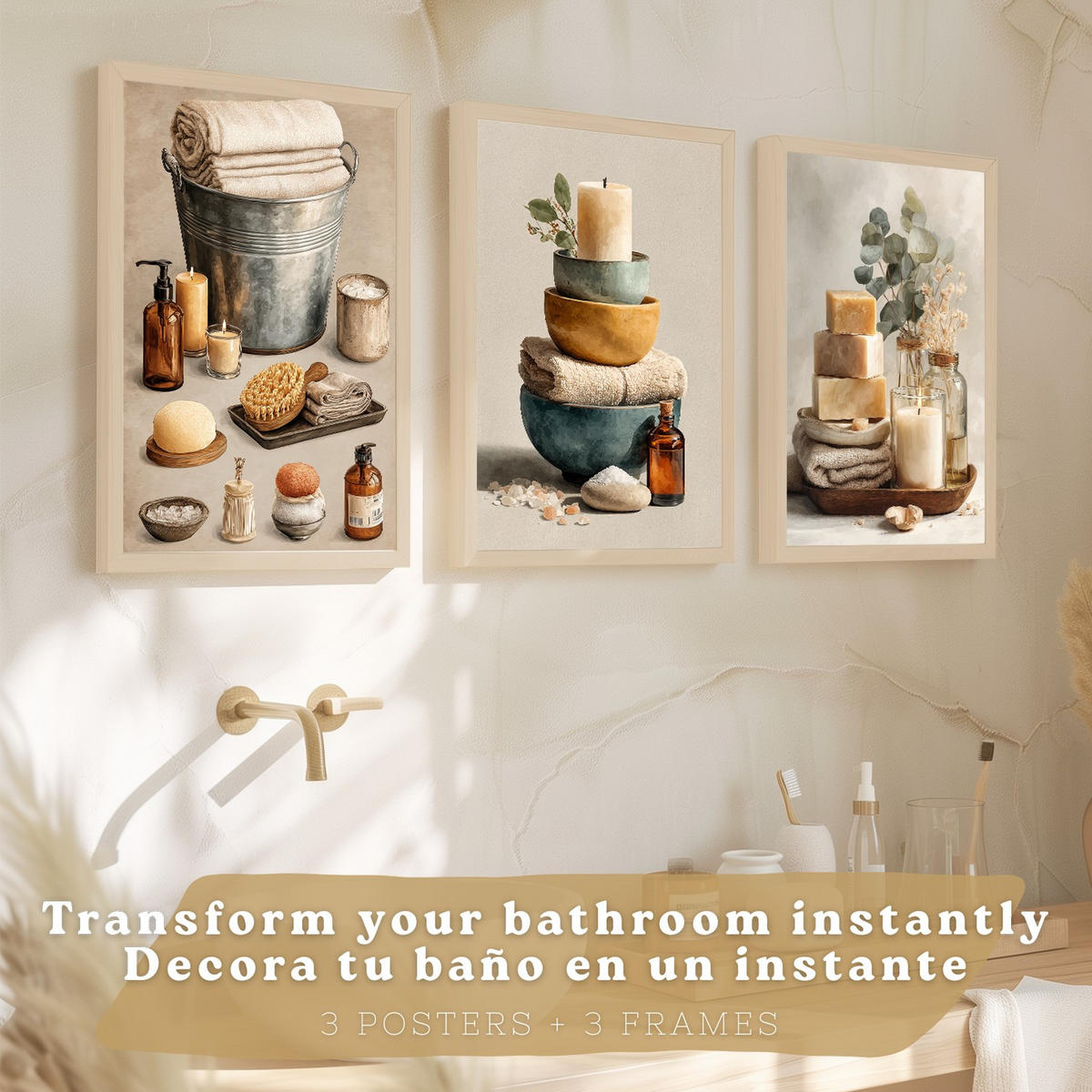 POSTER Set aus 3 Badezimmer Wandbildern und Drucke zur Dekoration für Waschbecken Dusche WC mit Kerzen Seifen und Handtüchern Leichter Holzrahmen A3 - Beige, Papier (42/29.7/3cm) - Nacnic