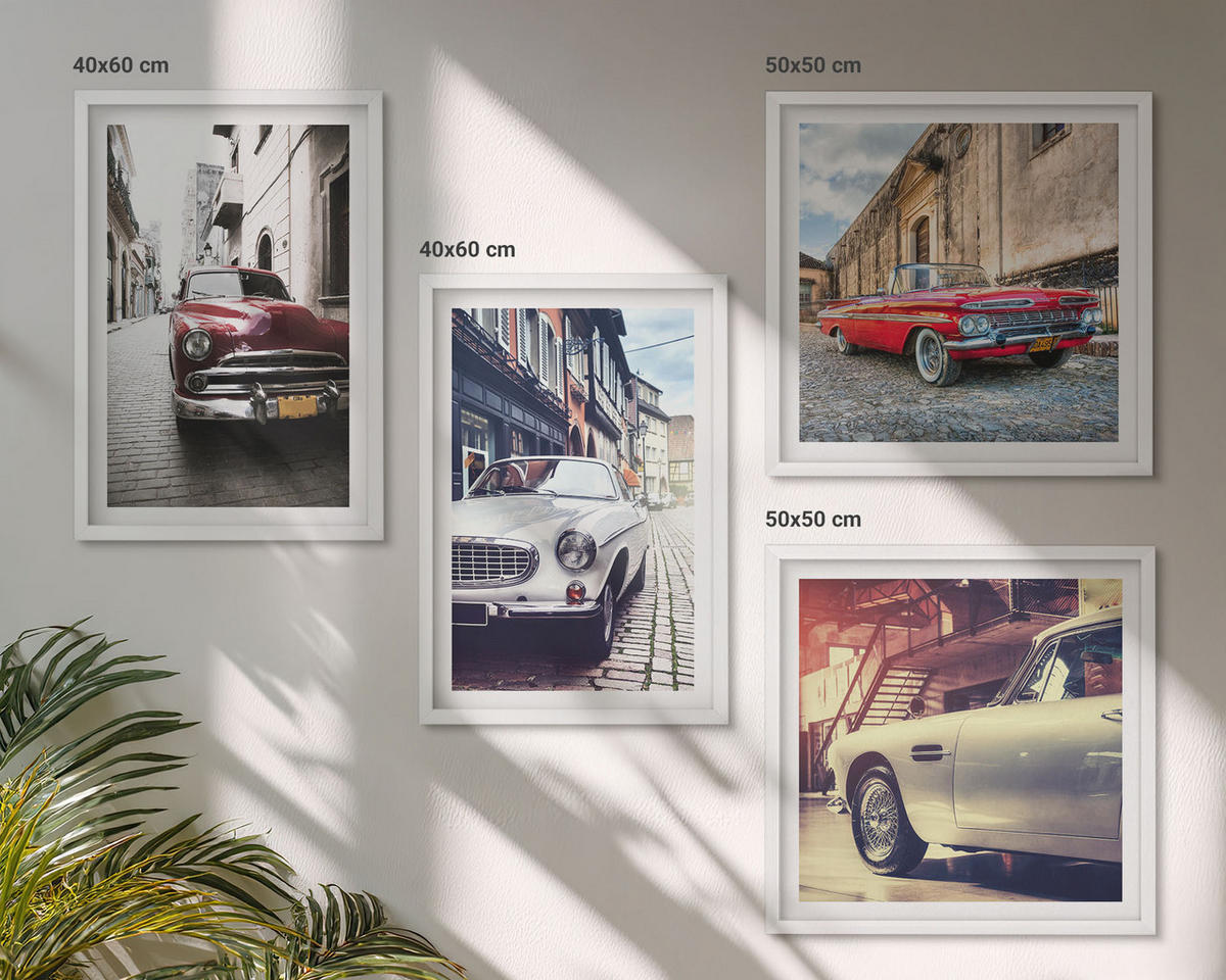 WANDBILDER 4er-Set - 50x50 cm & 40x60 cm Weißer Rahmen - Oldtimer in Städten - Weiß, Kunststoff (50/50cm) - ArtPrintCave