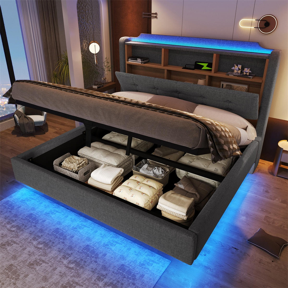 POLSTERBETT 140x200 cm mit LED-Beleuchtung und hydraulischem Stauraum - USB/Typ-C & Klappfach - Grau - Grau, Textil (140/200cm) - DELFA
