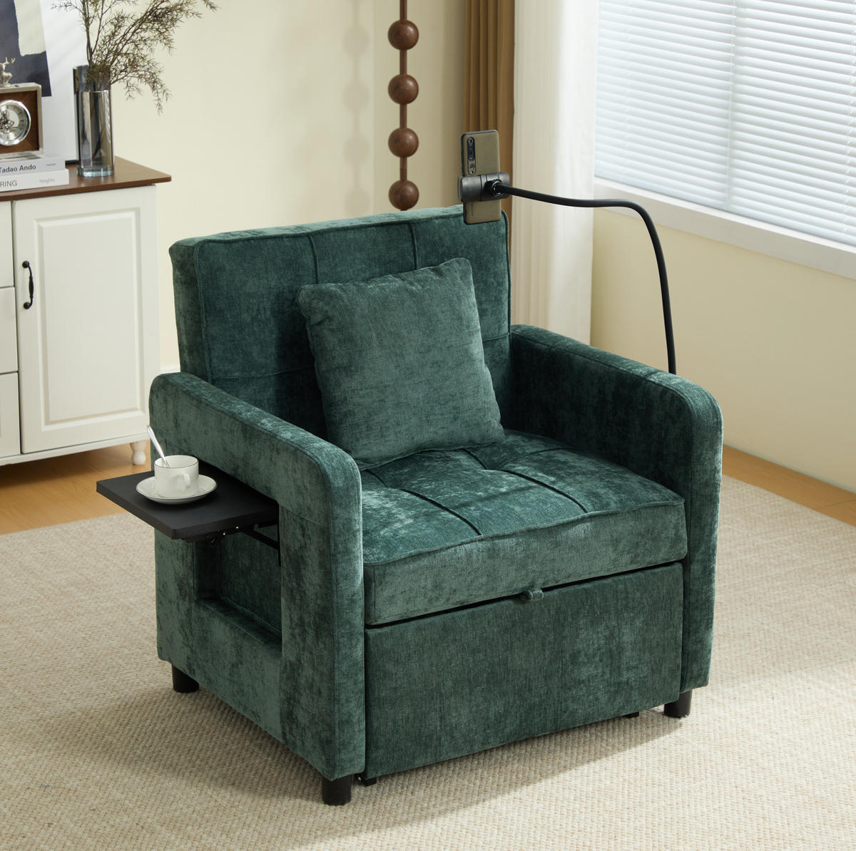 SCHLAFSESSEL 167/79/83 cm grün aus Chenille mit Stauraum - Grün, Textil (79/83/167cm) - OKWISH