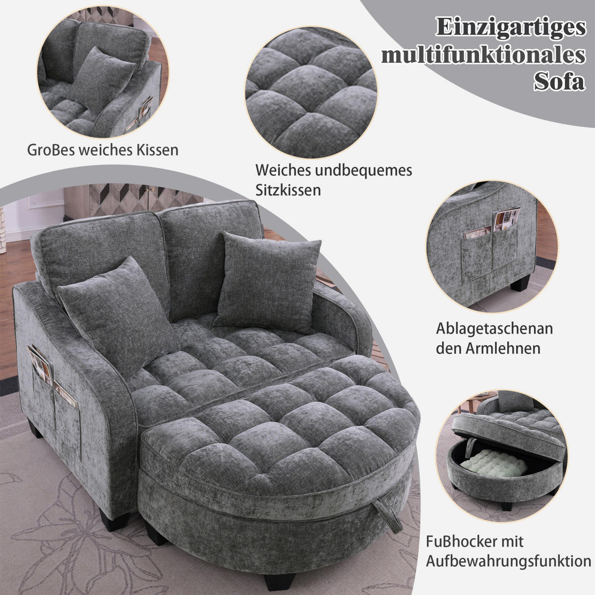 SCHLAFSOFA 2 in 1 Sofa mit Schlaffunktion, Hocker und Stauraum Stoffbezug Grau - Grau, Textil (129/93/132cm)