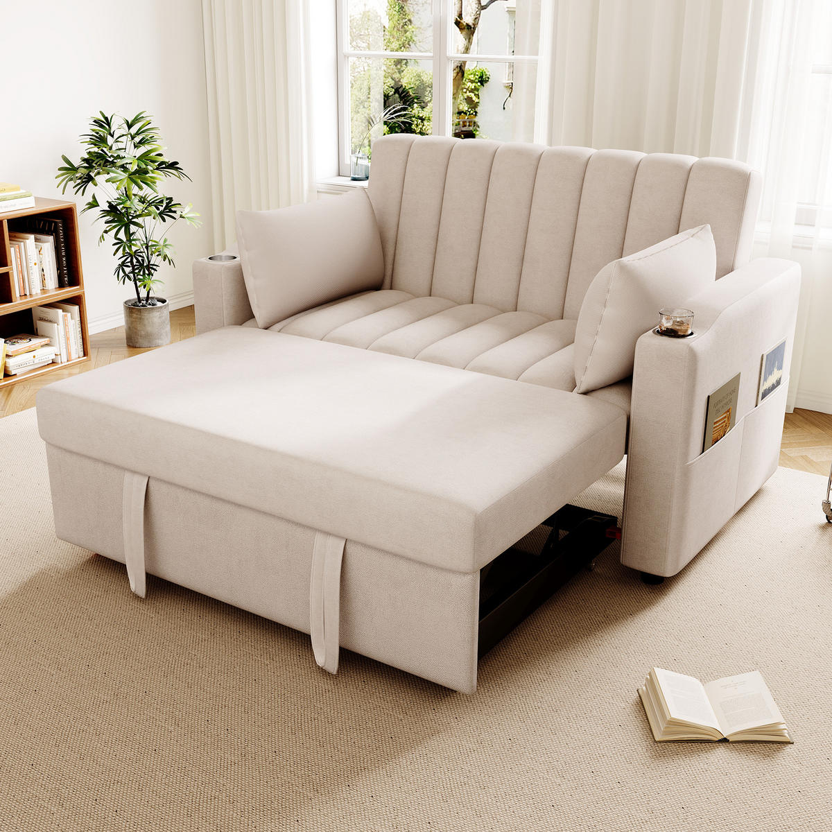 SCHLAFSOFA Multifunktional mit verstellbarer Rückenlehne Beige Baumwolle 136/162/84 cm - Beige, Textil (136/84/162cm) - OKWISH