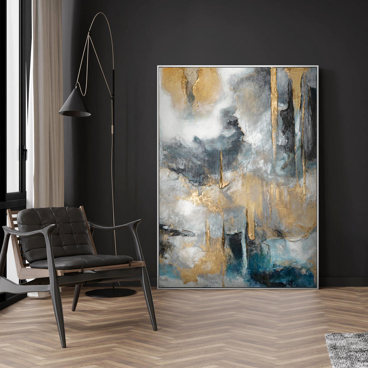 GEMÄLDE Goldene Konsonanzen Schattenfugenrahmen Weiß 120x80 cm - Weiß, Holz (120/80cm) - YS-art gallery