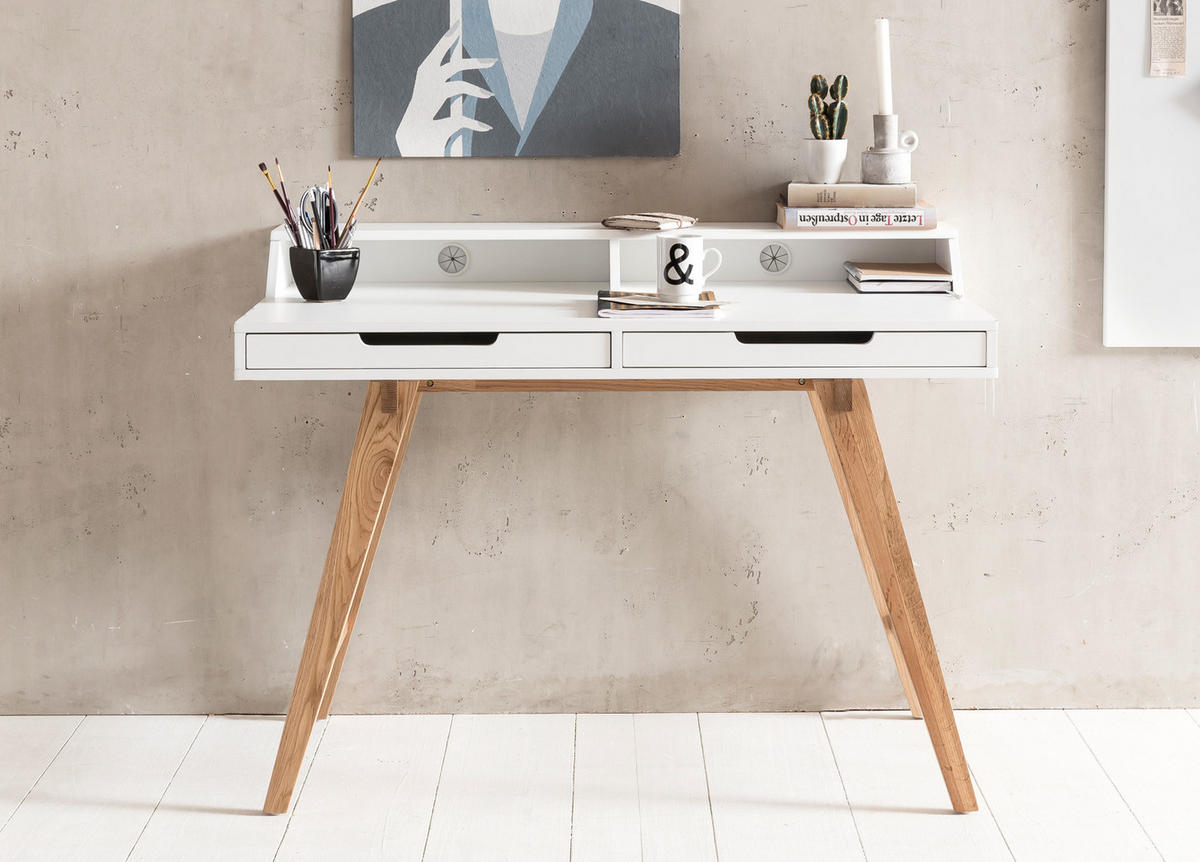 SCHREIBTISCH – Retro Look, große Arbeitsfläche, modern - Beige/Weiß, Eichenholz/Holz (60/110/85cm) - KADIMA DESIGN