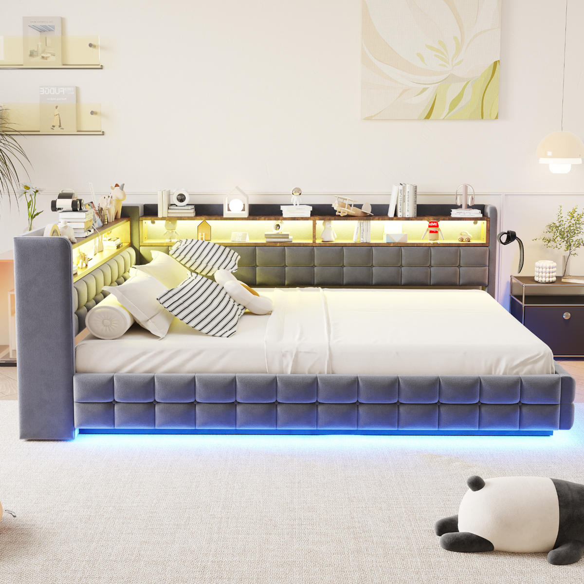 ČALOUNĚNÁ postel 140/200 cm šedá z sametu s úložným prostorem, LED a USB - šedá, textil (140/200cm) - OKWISH