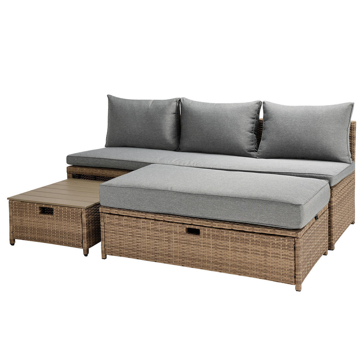 LOUNGESET 3-teilig - Polyrattan / Webstoff - Braun / Grau - Braun/Grau, Naturmaterialien/Textil - home24