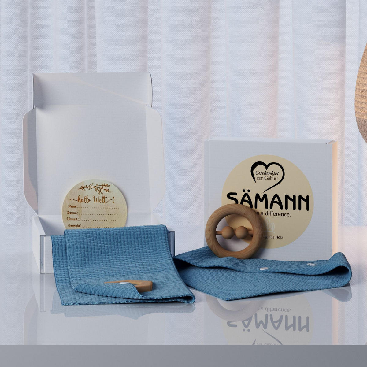 BABY Geschenkset 4-tlg. zur Geburt mit Halstuch, Rassel, Karte, Schmusetuch navyblau - Dunkelblau, Textil (10/10cm) - Sämann – make a difference.