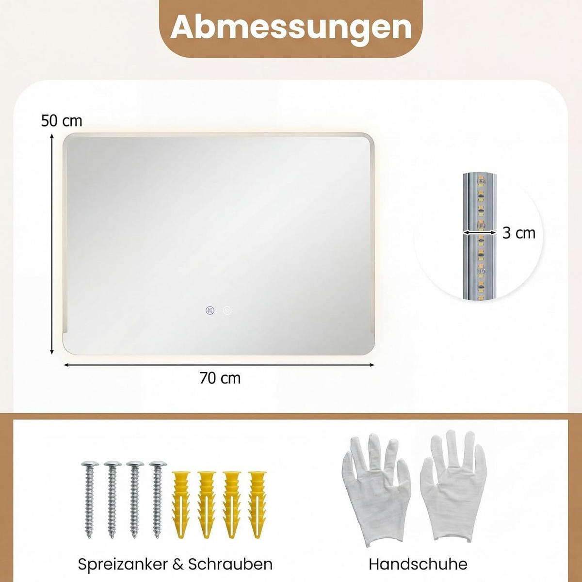 BADSPIEGEL mit Beleuchtung silber - Silberfarben, Glas (70/50/3cm) - COSTWAY