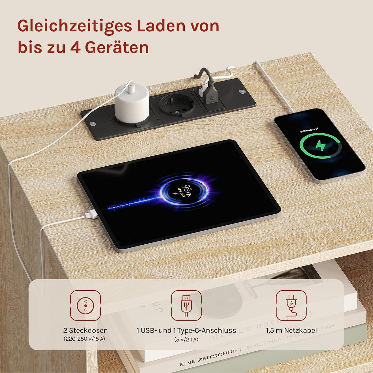 NACHTSCHRANK 35/40/60 cm, Ladefunktion & LED, Eiche - Eichefarben, Holzwerkstoff (45/60/35cm) - Woltu