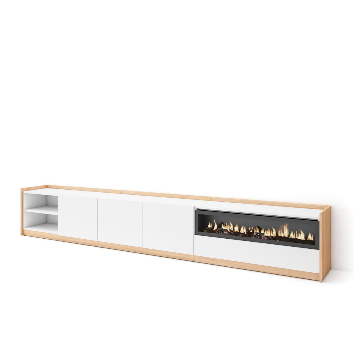 TV-SCHRANK, Lowboard, Weiß und Eiche Soft, Elektrokamin, 310/37/50cm - Weiß, Holzwerkstoff (310/50/37cm) - Skraut Home
