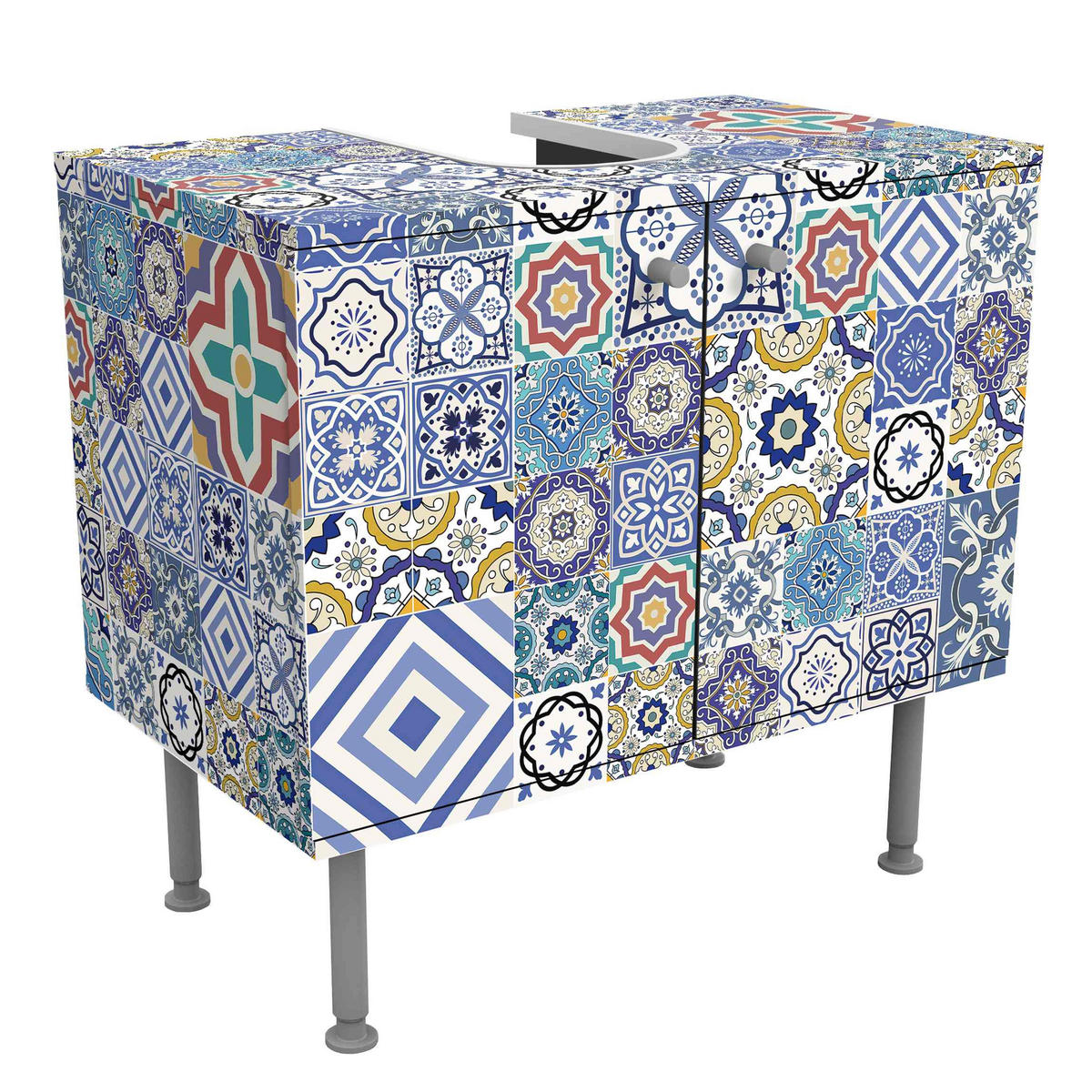 WASCHBECKENUNTERSCHRANK Fliesenspiegel - Aufwändige Portugiesische Fliesen 60/55/35 cm - Blau, Holzwerkstoff (60/55/35cm) - Bilderwelten