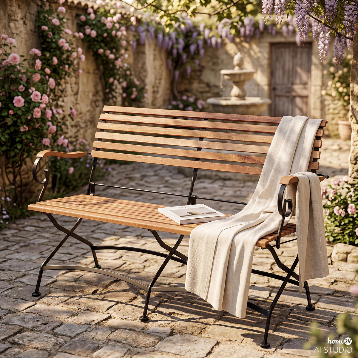 GARTENBANK - Akazie massiv / Stahl - Akazie / Schwarz - Schwarz/Akaziefarben, Holz/Metall (121/89/55cm) - home24