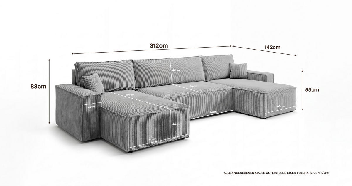 SEDACÍ souprava CALIFORNIA MINI tvar U šedá manšestr Poso 55 - funkce spaní, úložný prostor - šedá, textil (312/85/142cm) - Cornero