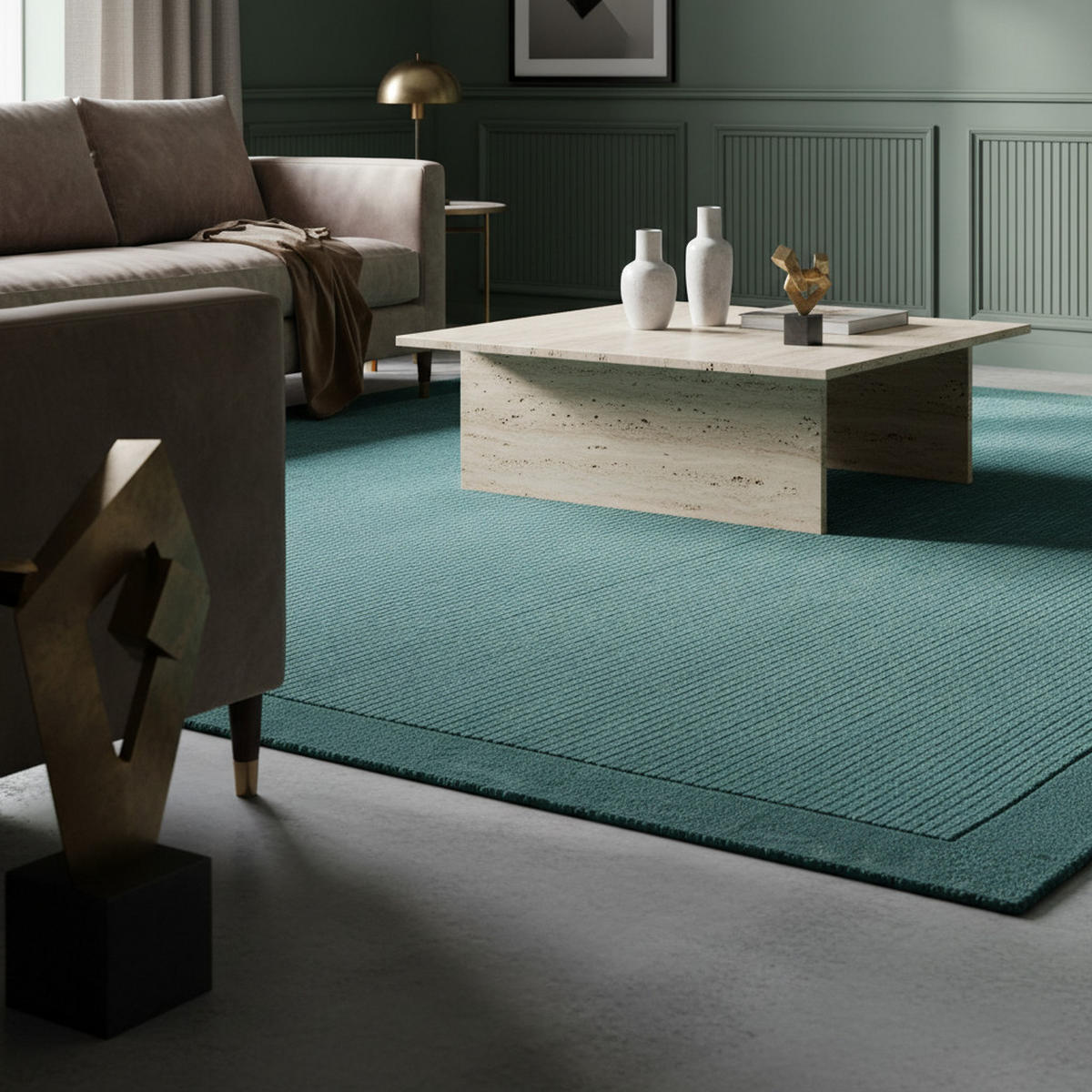 TEPPICH Schurwolle handgewebt mit Bordüre modern STOW, Türkis 200x290 cm - Grün, Textil (200/290cm) - KADIMA DESIGN