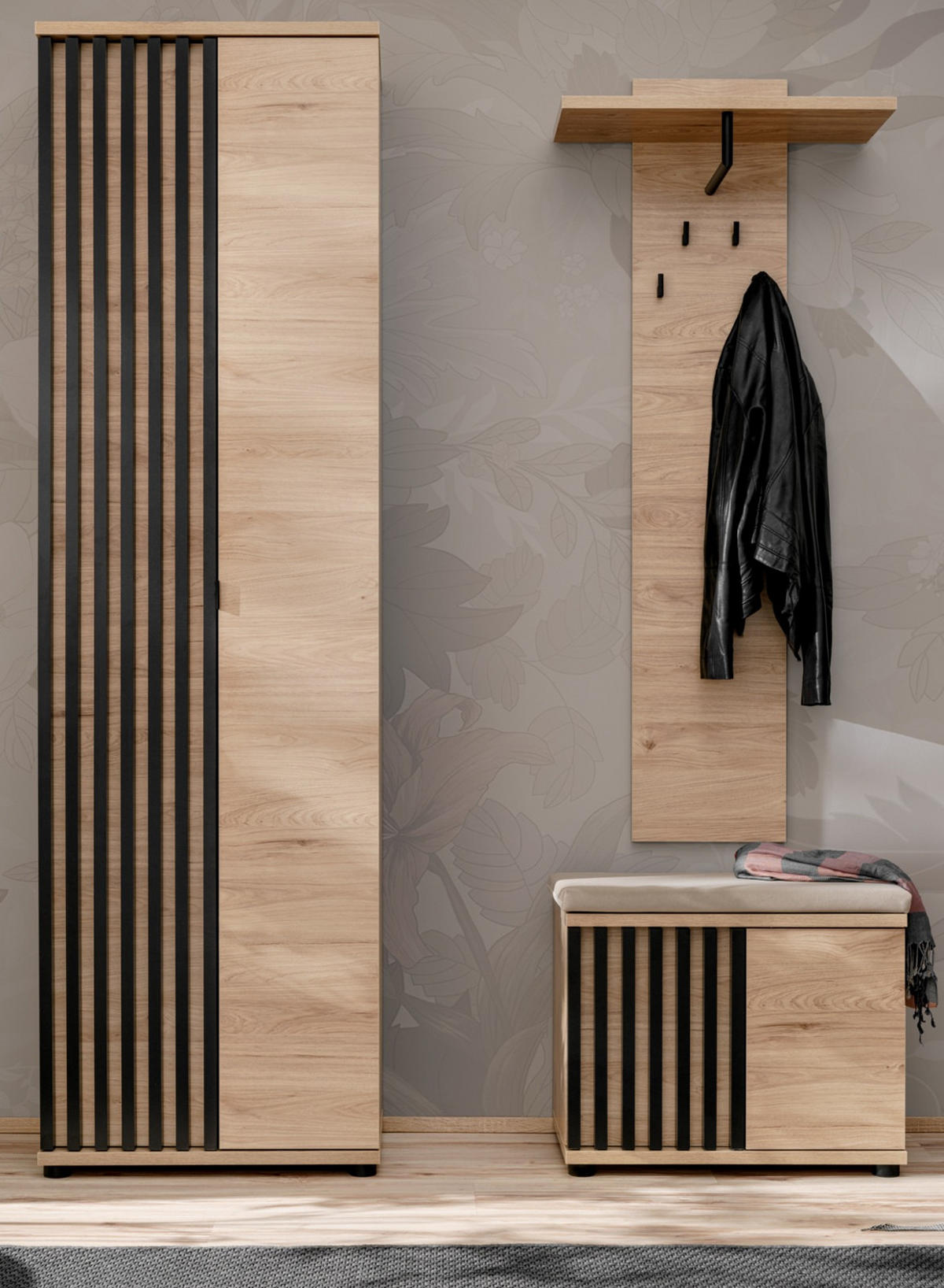 GARDEROBE Set 3-teilig Eiche Jackson, schwarz 140 cm, Garderobenkombination mit 3D-Lamellen - Eichefarben/Schwarz, Holzwerkstoff/Kunststoff (130/202/35cm) - Furn.Design