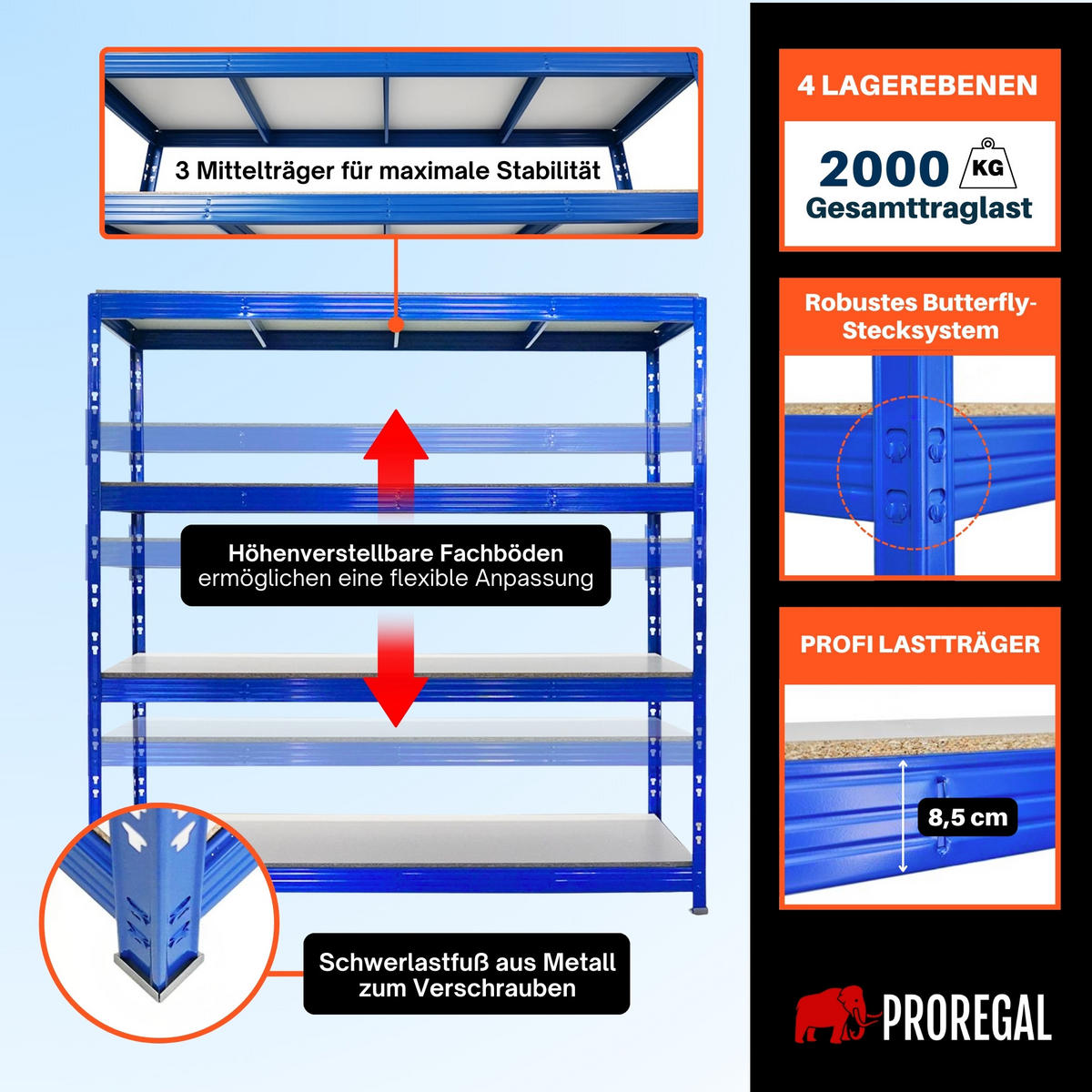 SCHWERLASTREGAL Rhino 200x200x60 cm 4 Melamin-Ebenen 16mm Fachlast 500 kg Blau - Blau, Metall (200/200/60cm) - PROREGAL