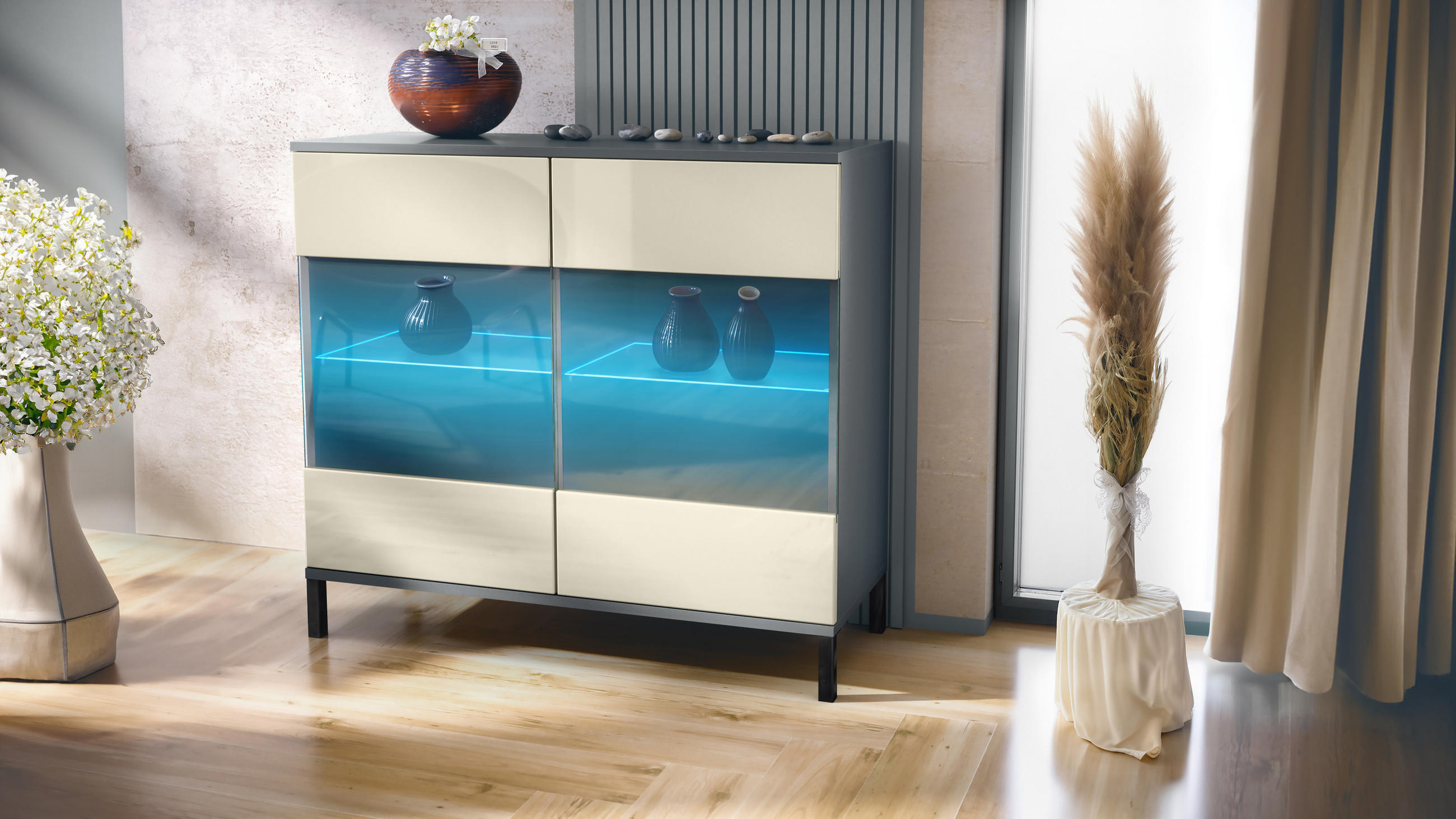 KOMMODE Bari Creme Hochglanz - Creme, Holzwerkstoff (92.5/83.5/35cm) - Vladon