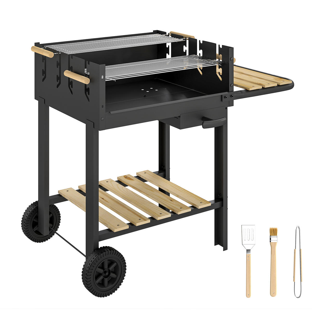 HOLZKOHLEGRILL DE-10306 mit 2 Holzablagen - Schwarz, Metall (58/82/99.5cm) - ComfortXL