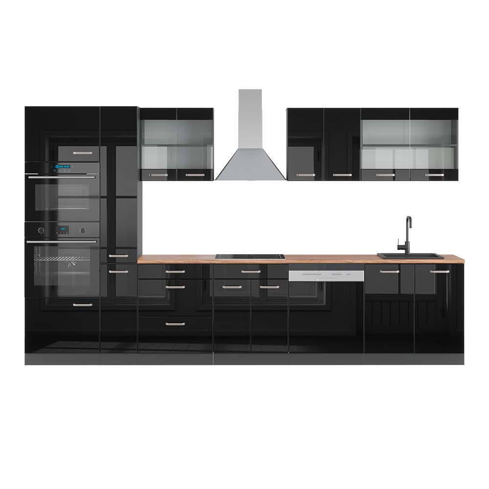 KÜCHENZEILE R-Line Schwarz Hochglanz/Anthrazit 350 cm mit Hochschrank AP Eiche - Schwarz Hochglanz/Anthrazit, Holzwerkstoff (350/81.6/60cm) - Vicco