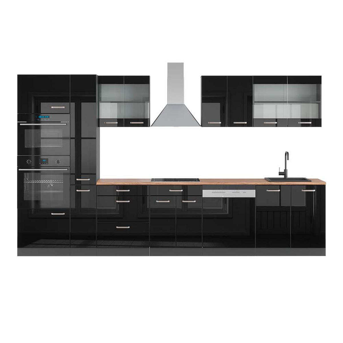 KÜCHENZEILE R-Line Schwarz Hochglanz/Anthrazit 350 cm mit Hochschrank AP Eiche - Schwarz Hochglanz/Anthrazit, Holzwerkstoff (350/81.6/60cm) - Vicco