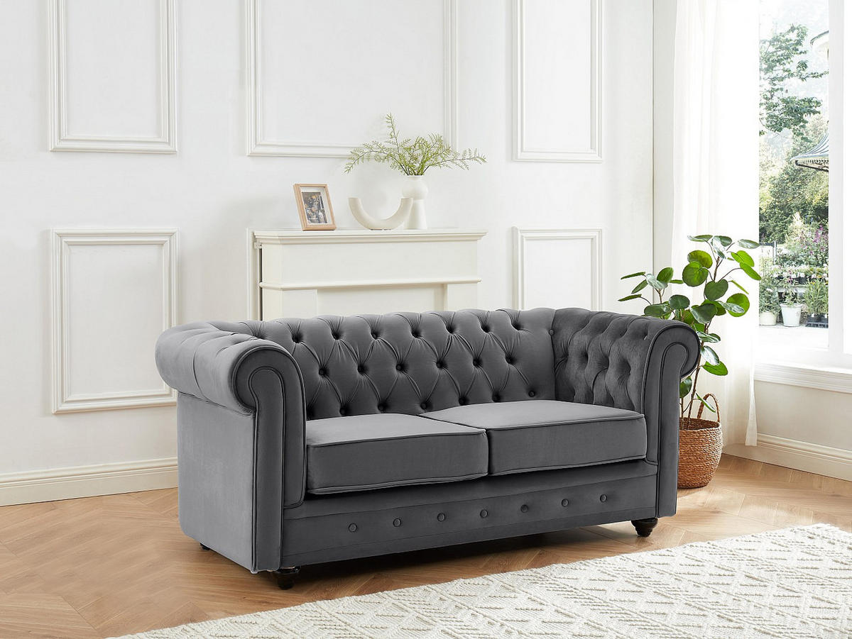 SOFA 2-Sitzer - Samt - Anthrazit - CHESTERFIELD - Anthrazit, Textil (168/72/88cm) - Vente-Unique