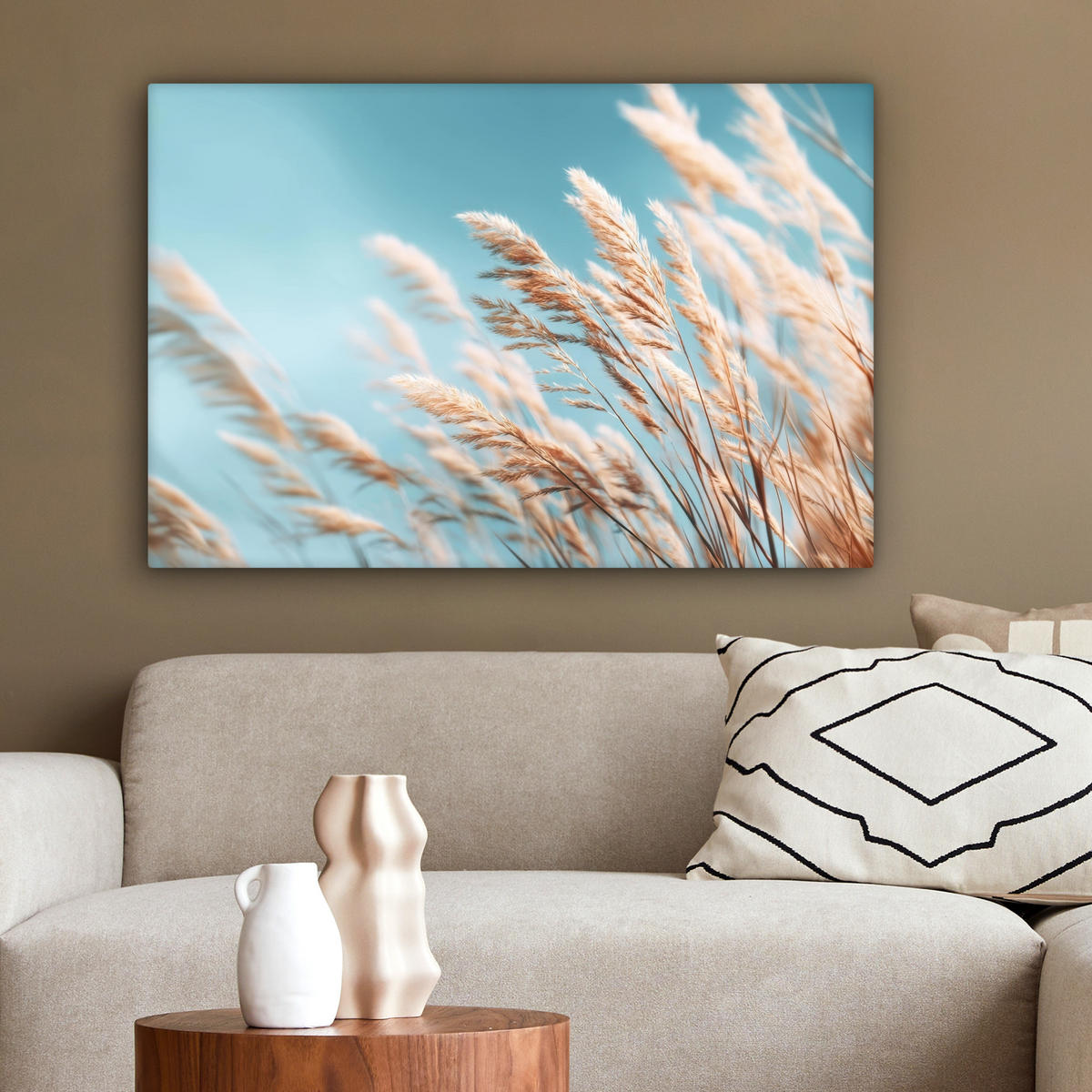 LEINWANDBILD Ziergras - Wind - Hellbraun Gemälde 60x40 cm - Hellblau, Textil (60/40cm) - MuchoWow