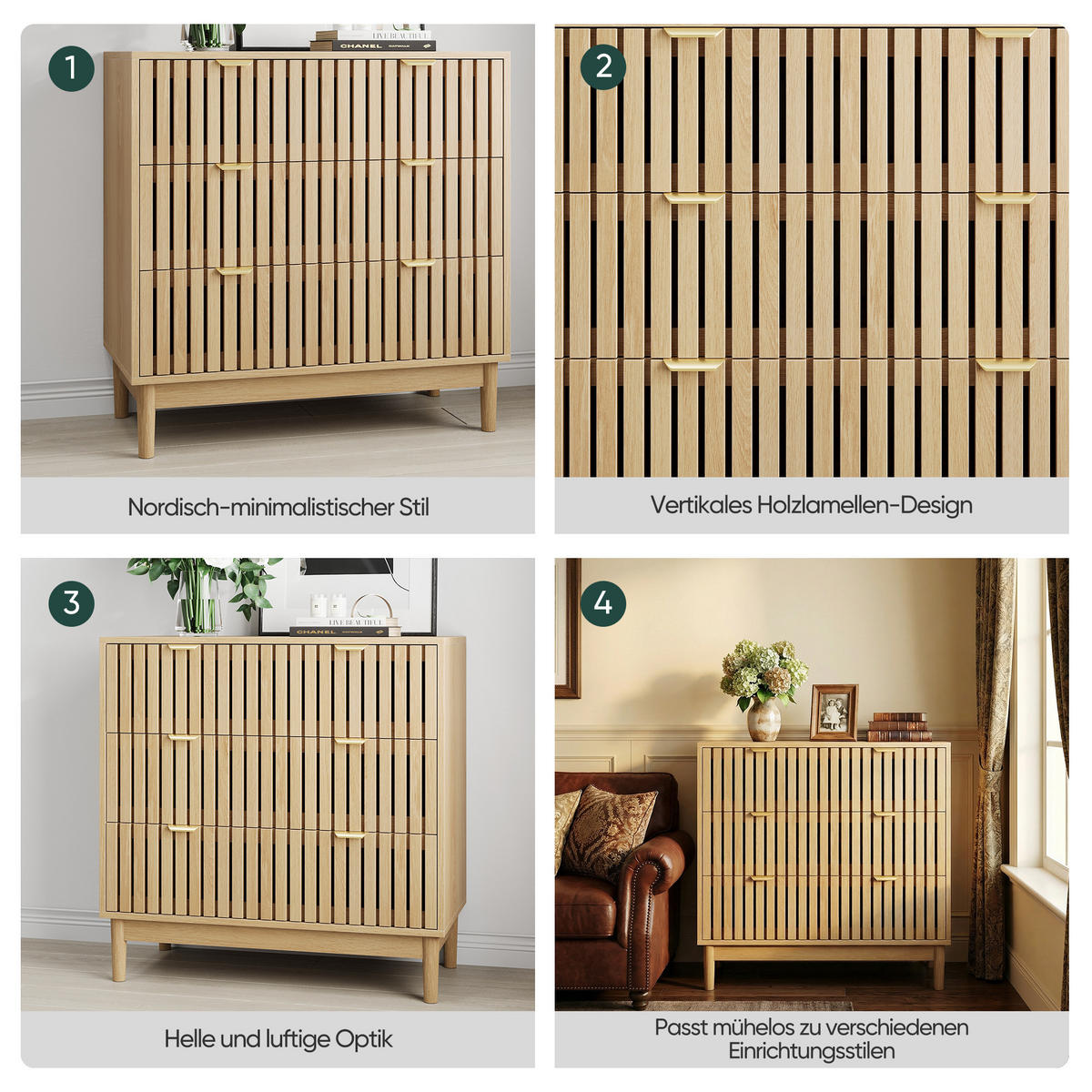 SIDEBOARD eichen-optik & latten-design mit 3 schubladen & goldgriffen - Eichefarben, Holzwerkstoff (80/80/39cm) - Urban Meuble