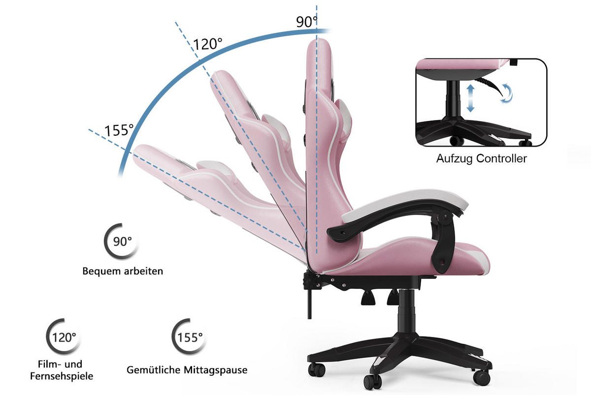 GAMING-STUHL ergonomisch, verstellbare Rückenlehne, Kissen – Rosa/Weiß - Multicolor, Leder (59/120/56cm) - Rattantree