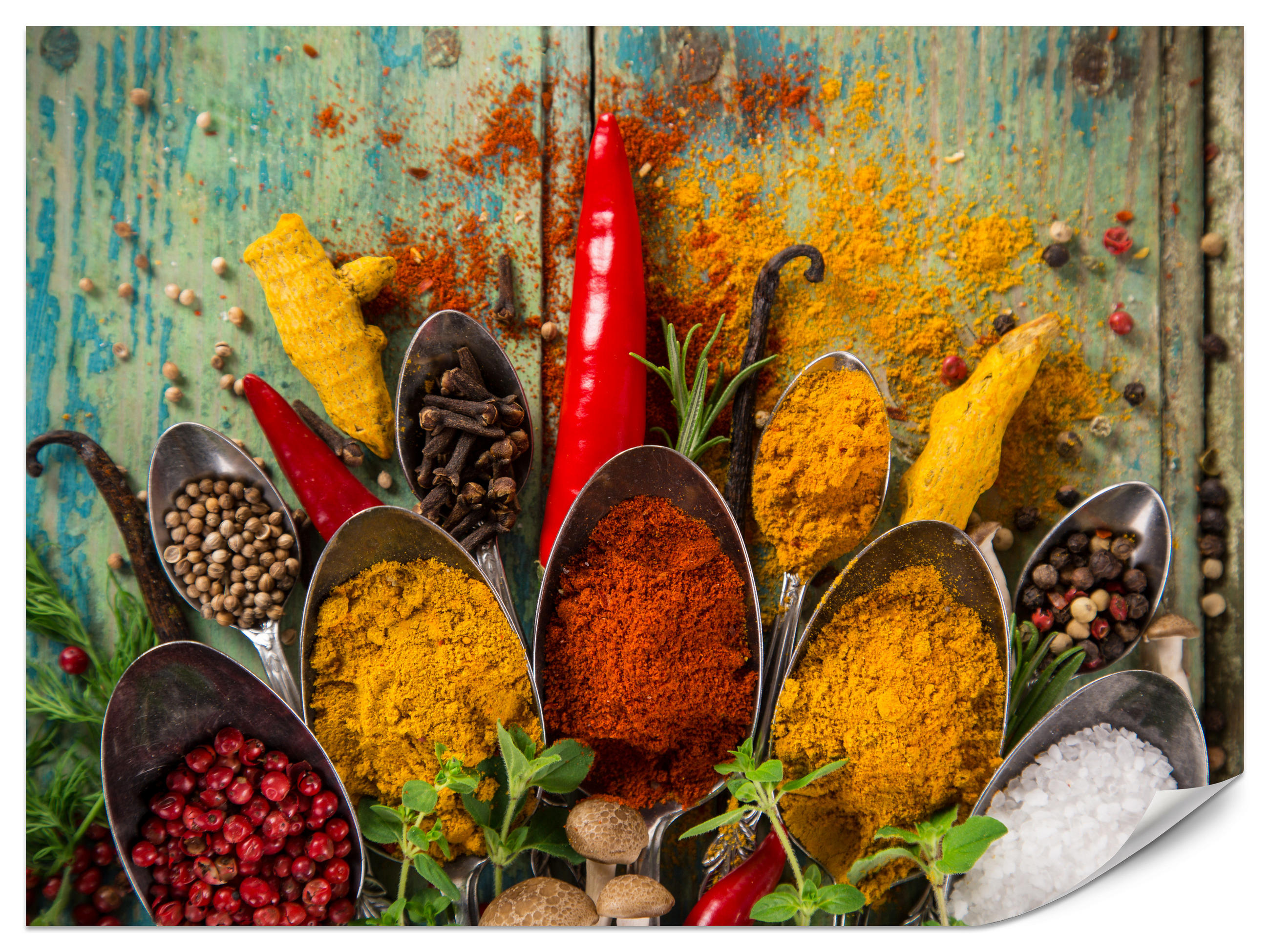FOTOTAPETE für Küche Gewürze Holz Rustikal Paprika Ingwer 150x105 - Türkis/Blau, Papier (150/105cm) - Muralo