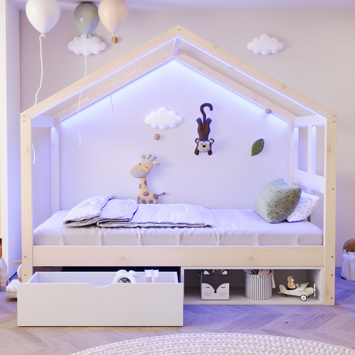 HAUSBETT 90/190 cm DE-01554, in Holzfarbe, mit Schubladen, Schuhschrank und LED-Beleuchtung - Naturfarben, Holzwerkstoff (90/190cm) - ComfortXL