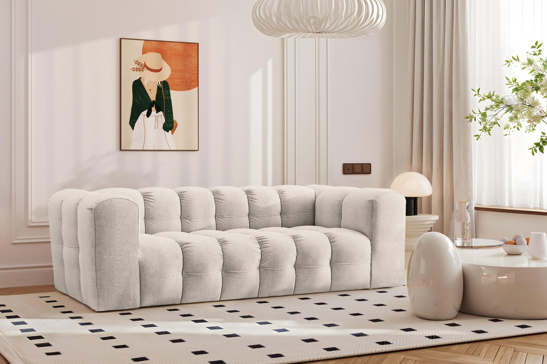 SOFA 3-Sitzer, Komfort, BALOO, Stoff Schenille, Ecru - Ecru, Holz (222/75/106cm) - Kaiser Möbel