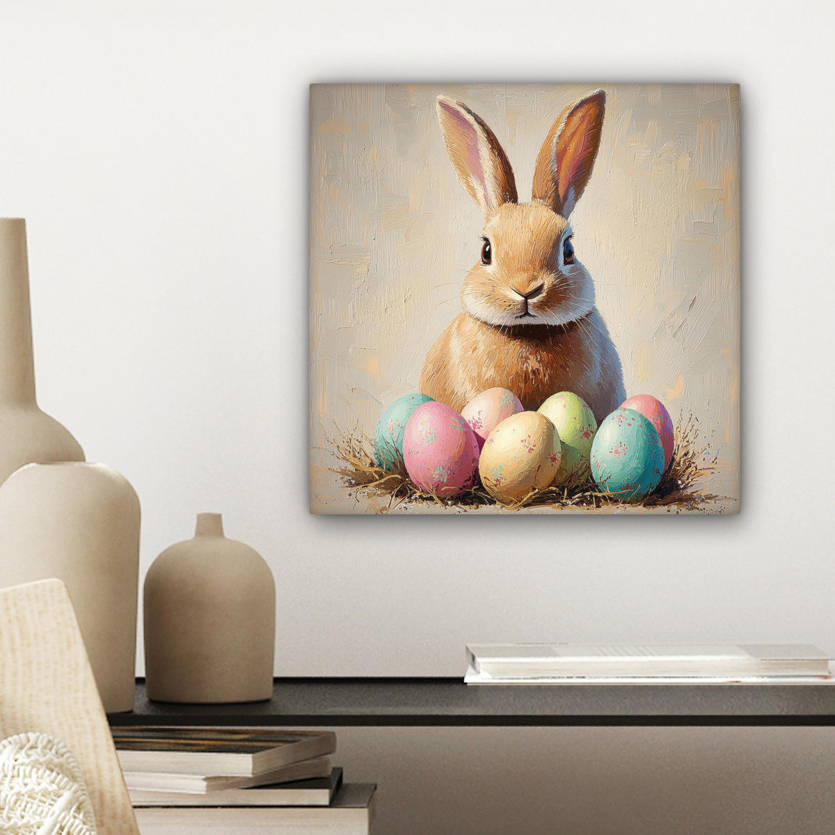 LEINWANDBILD Osterhase - Pastell - Eier Deko Wohnzimmer 20x20 cm - Beige, Textil (20/20cm) - MuchoWow