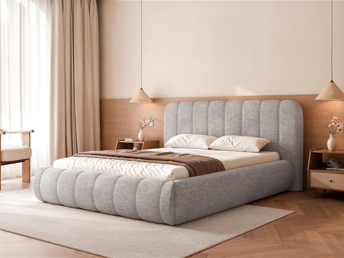 POLSTERBETT Gallo 160x200 cm Hellgrau Chenille – (Doppelbett mit Bettkasten, Lattenrost, voluminöses Kopfteil) - Hellgrau, Holz/Holzwerkstoff (160/200cm) - Ravio