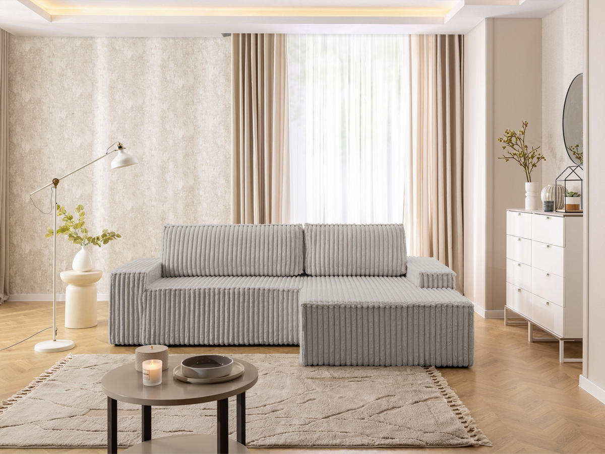 ECKSOFA Rivio mit Schlaffunktion und Bettkasten, Plüschcord Hellgrau - Hellgrau/Schwarz, Holz/Kunststoff (262/149cm) - S-Style