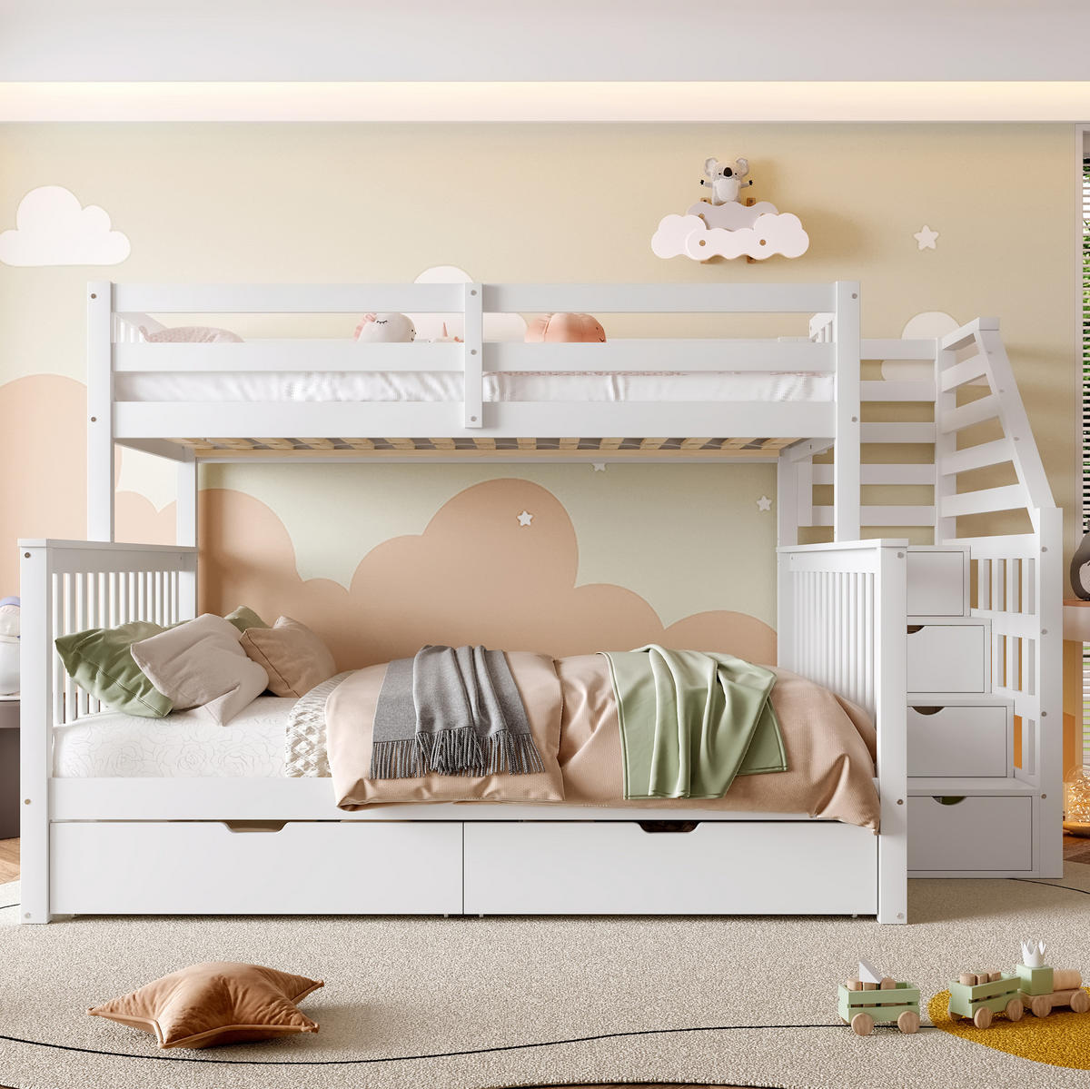 ETAGENBETT 90/200 und 140/200 cm mit Schubladen, Leiter und Stauraum aus Kiefernholz, Weiß - Weiß, Holzwerkstoff (90/200cm) - Redom