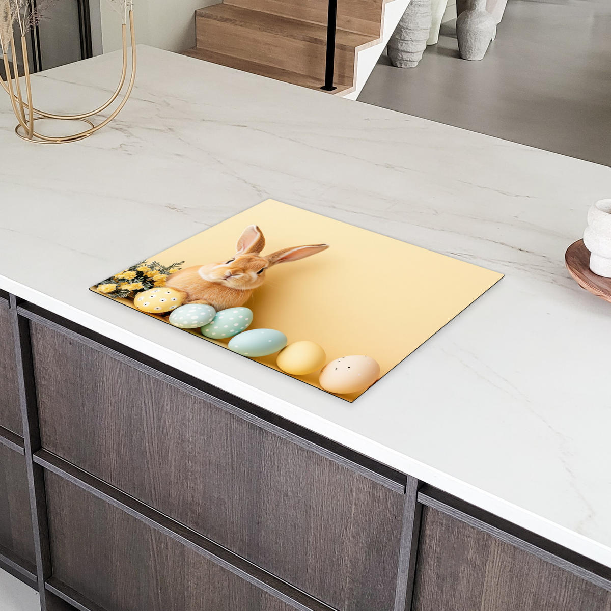 HERDABDECKPLATTE Eier - Kaninchen - Pastellfarbtöne Herdabdeckung Induktionsfeld 65x52 cm - Hellgelb, Kunststoff (65/52/0.2cm) - MuchoWow