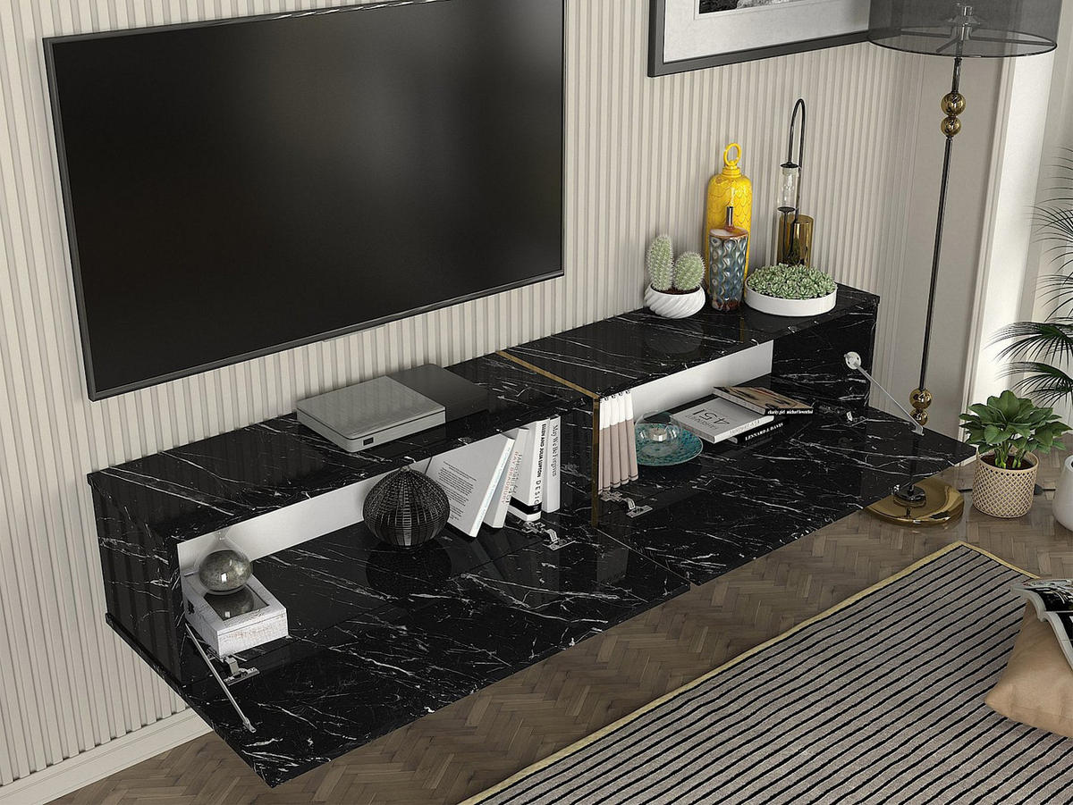 HÄNGENDER TV-Schrank mit 2 Türen – Schwarze Marmor-Optik – DINOMA - Schwarz, Holz (181.8/30/31.7cm) - Vente-Unique