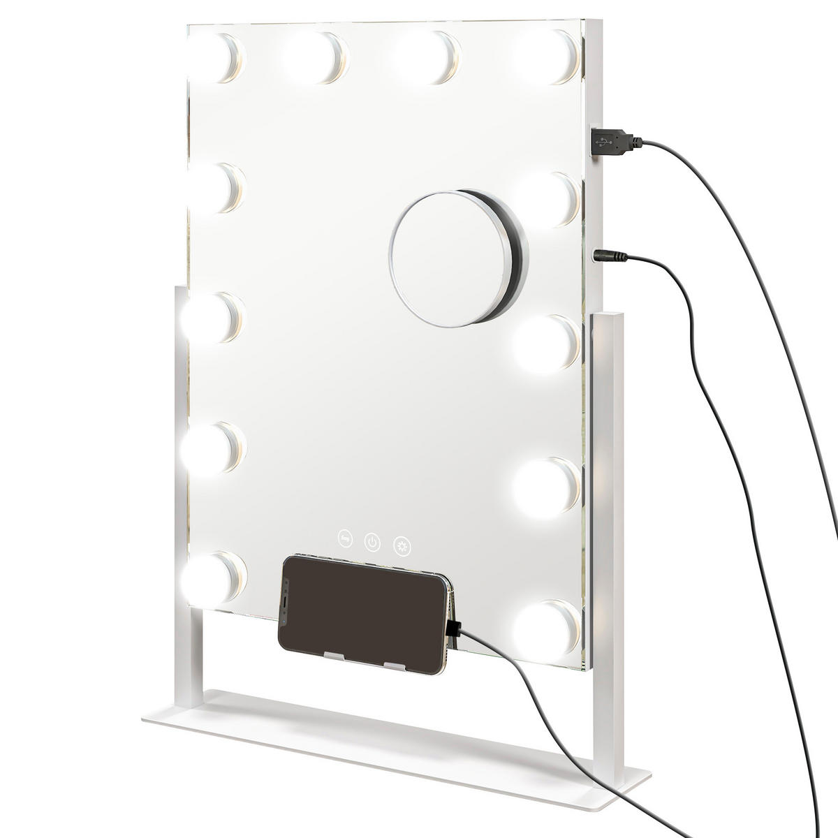 HOLLYWOOD Spiegel mit Beleuchtung, Schminkspiegel mit 12 LED Licht, 3 Lichtfarben - Weiß, Glas (8.5/45.5/36.5cm) - HOMCOM